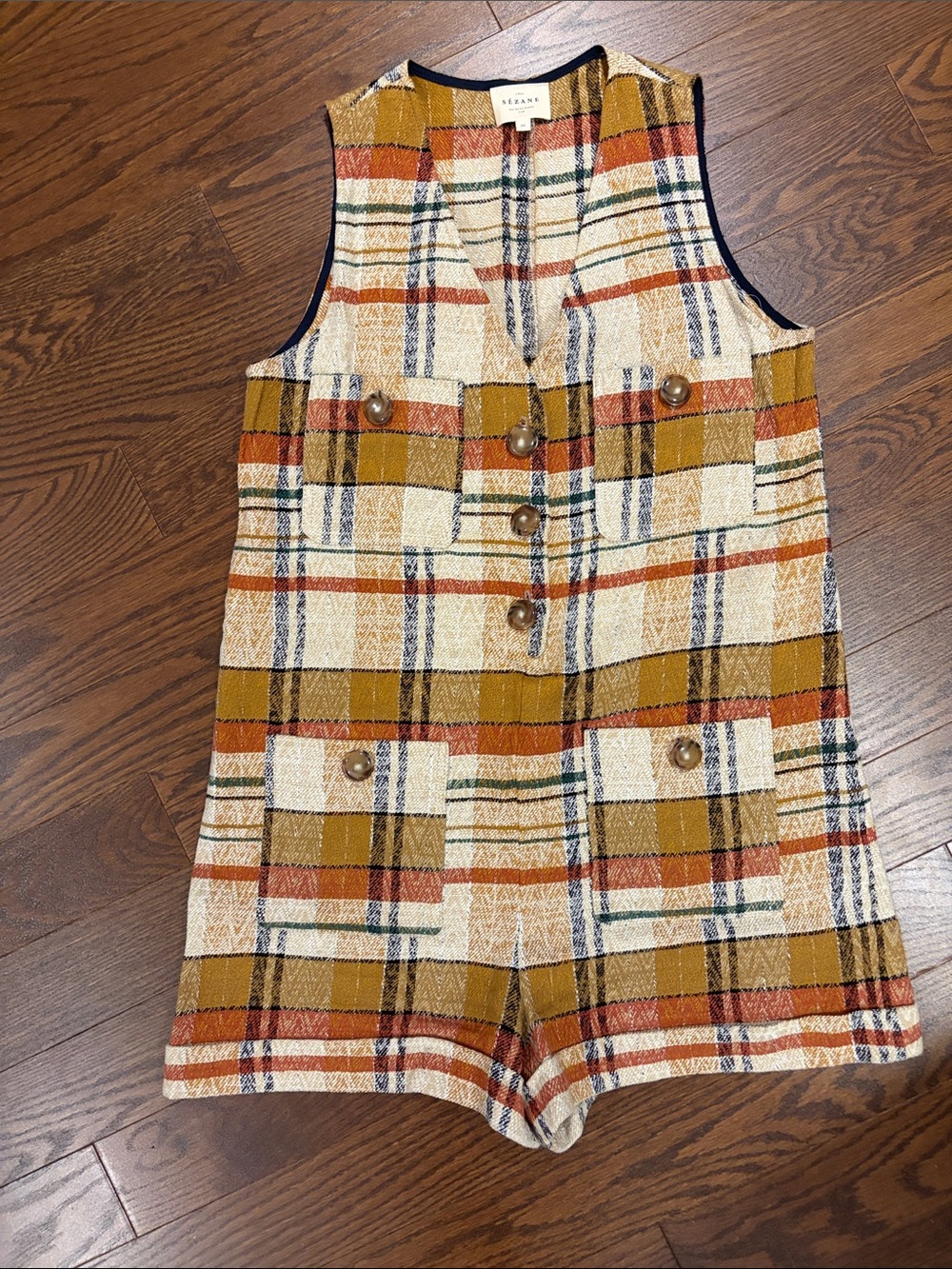 Sezane Mustard Plaid Button-Front Romper